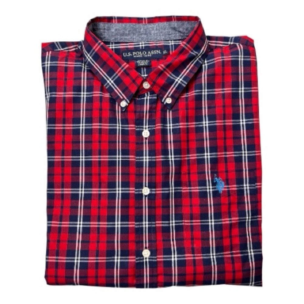 U.S. Polo Assn. Men’s Red & Blue Plaid Long Sleeve Button -Up Shirt